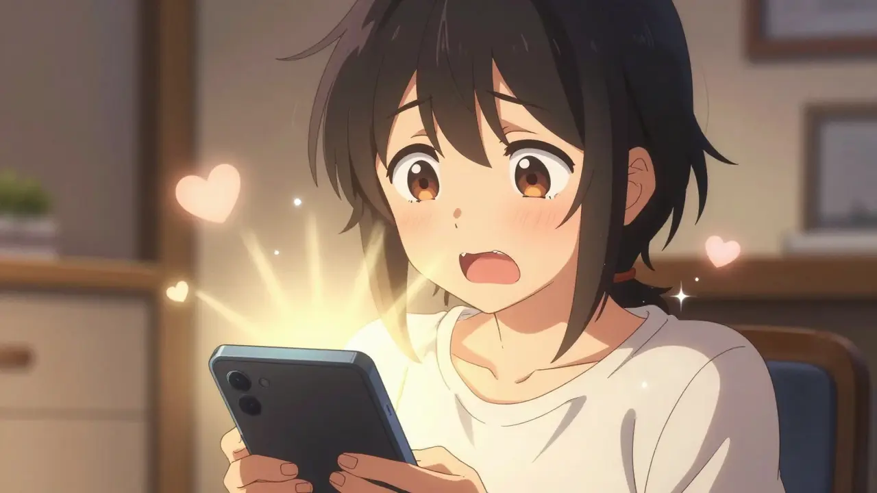 Person receiving a glowing scheduled message with joy