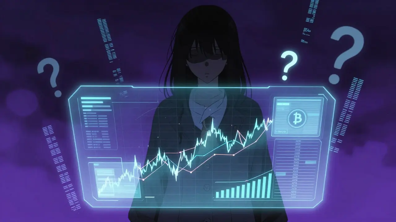 Shadowy figure behind holographic crypto charts in anime style