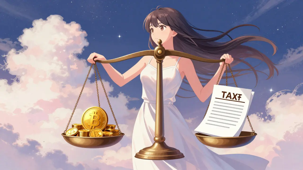 Shoujo character balancing scales of crypto assets and legal compliance