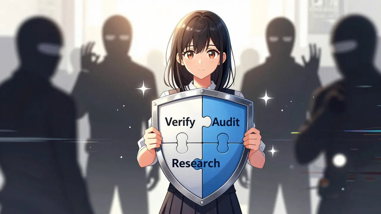 Shoujo character protecting herself with a verification shield against scams