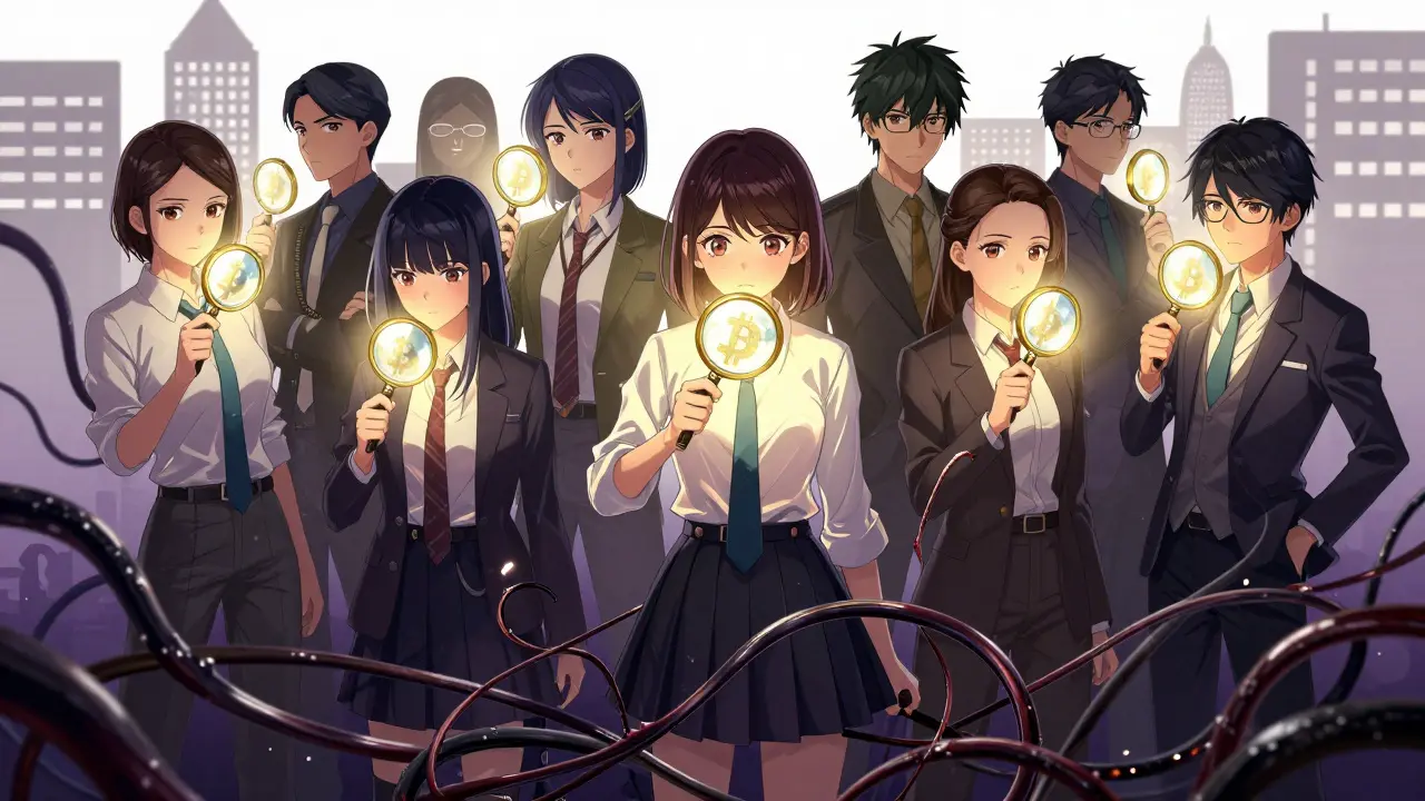 Shoujo characters using light to reveal hidden money laundering networks