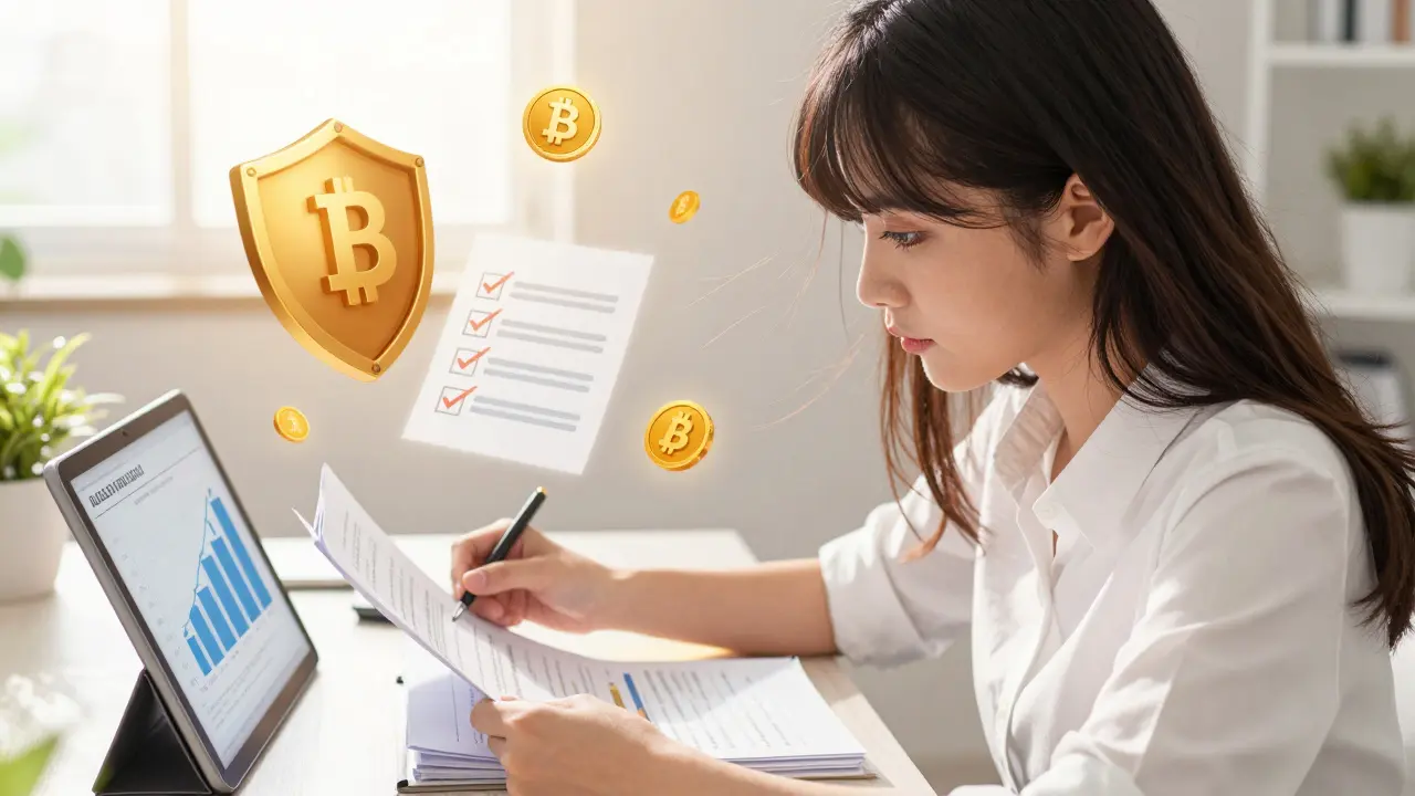 Woman organizing crypto tax documents with floating compliance icons