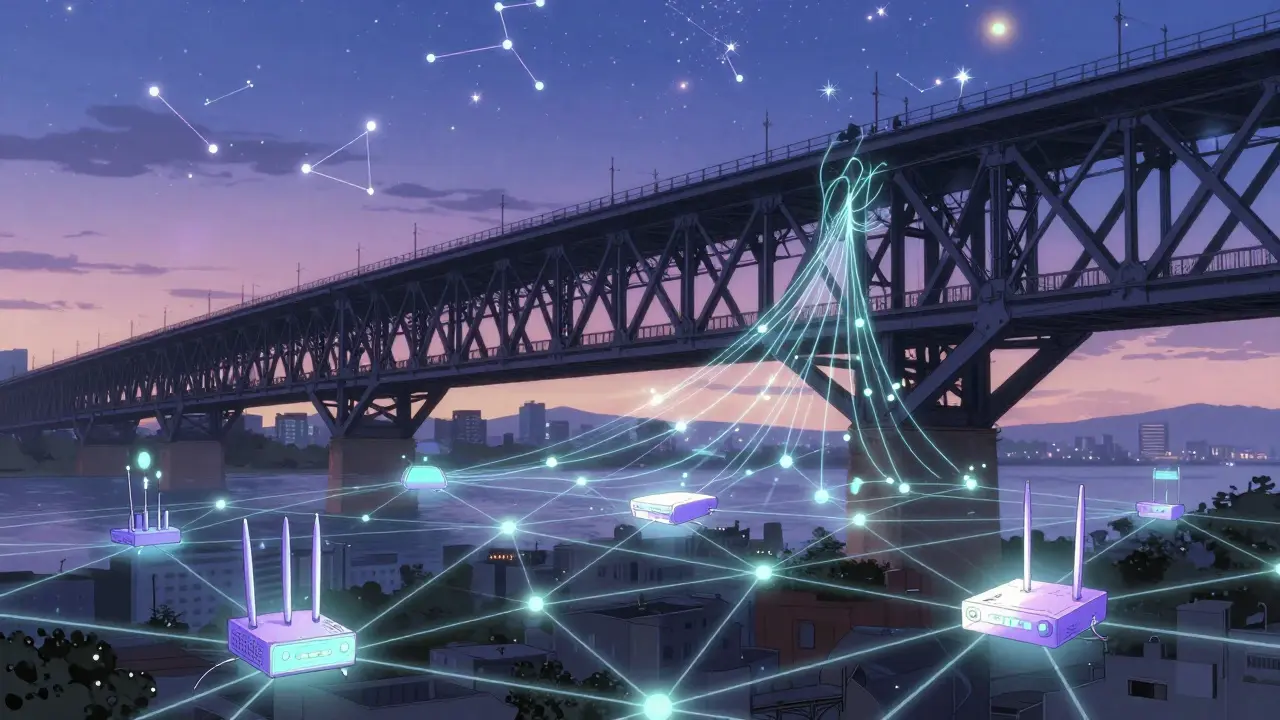 A glowing digital web intertwining with a traditional bridge in a dreamy, futuristic cityscape