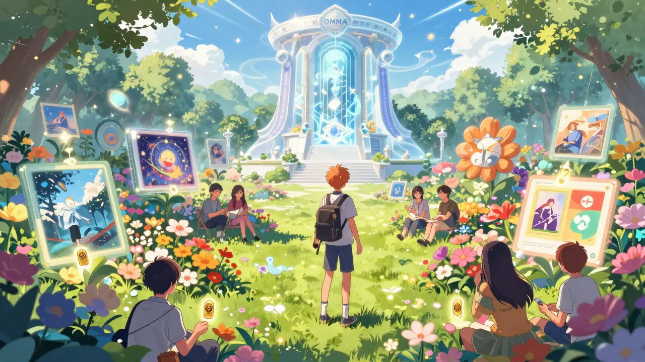 A magical garden where digital creations bloom into tokens, illustrating the Lamina1 Hub and royalty system.