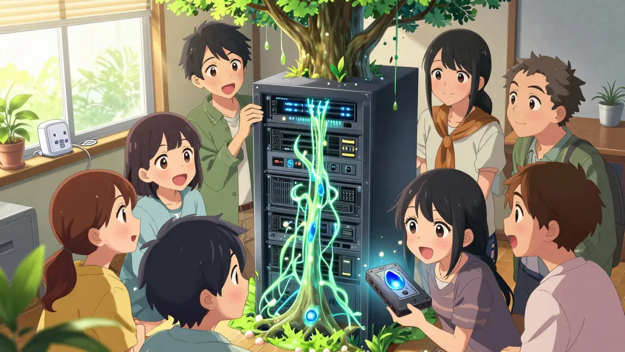 Anime characters happily installing hardware for a decentralized network in a cozy, sunlit room