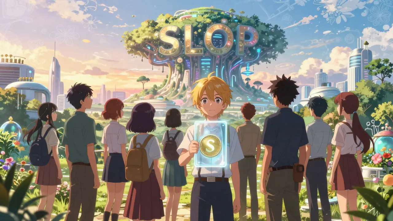 Anime characters looking at a hopeful future merging AI and nature in shoujo style.