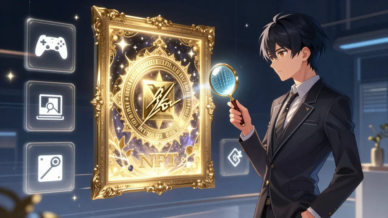 Anime collector admiring a rare digital artwork NFT in a virtual gallery.