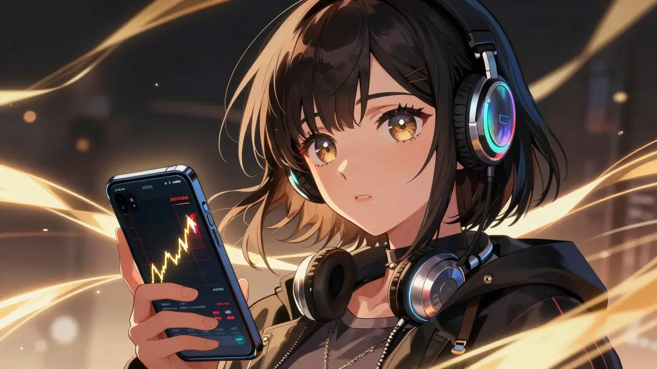 Anime girl looking at a volatile crypto chart on her phone in vibrant shoujo style.