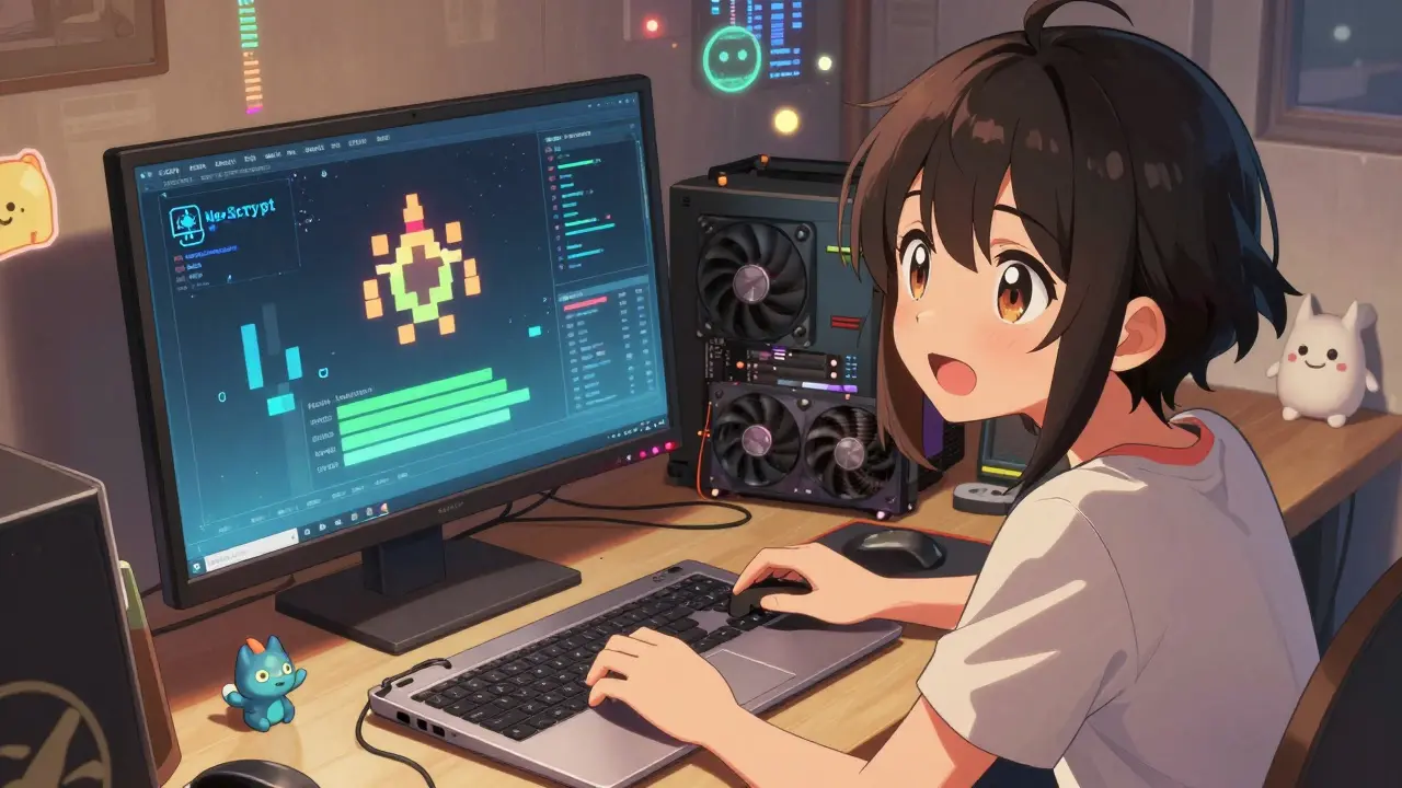 Anime girl mining crypto on an old laptop with cute tech spirits