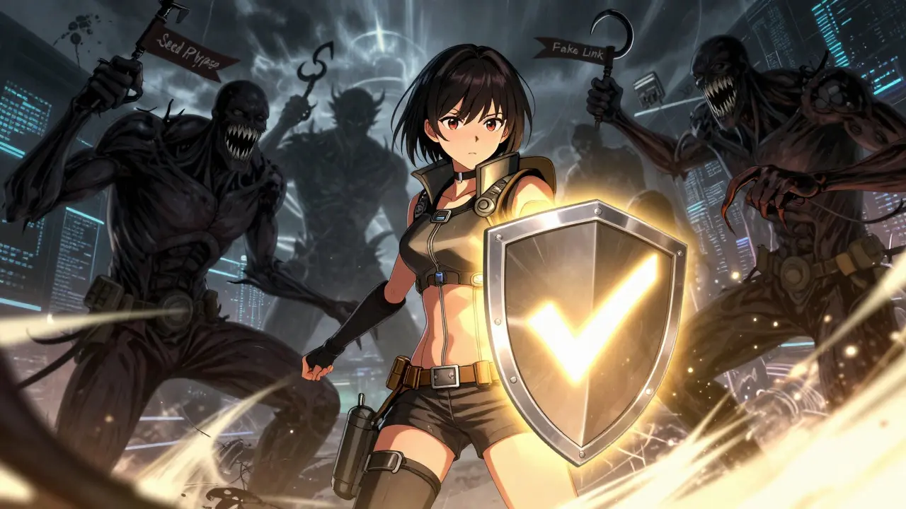 Anime heroine shielding herself from scam monsters with a verification shield