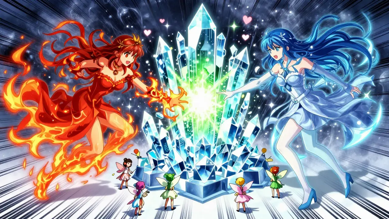 Blockchain crystal stabilizing with elemental spirits in manga art