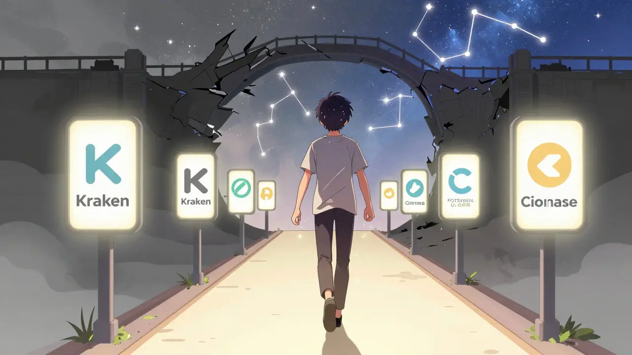 Character walking toward bright path of safe crypto exchange alternatives