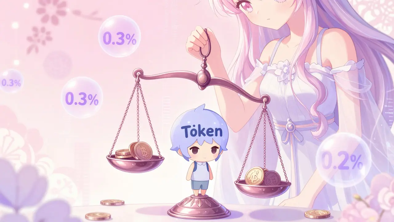Chibi token on a scale with liquid bubbles, illustrating fees and slippage