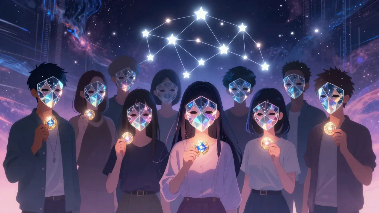 Community members wearing privacy masks under a glowing cryptographic star dome.