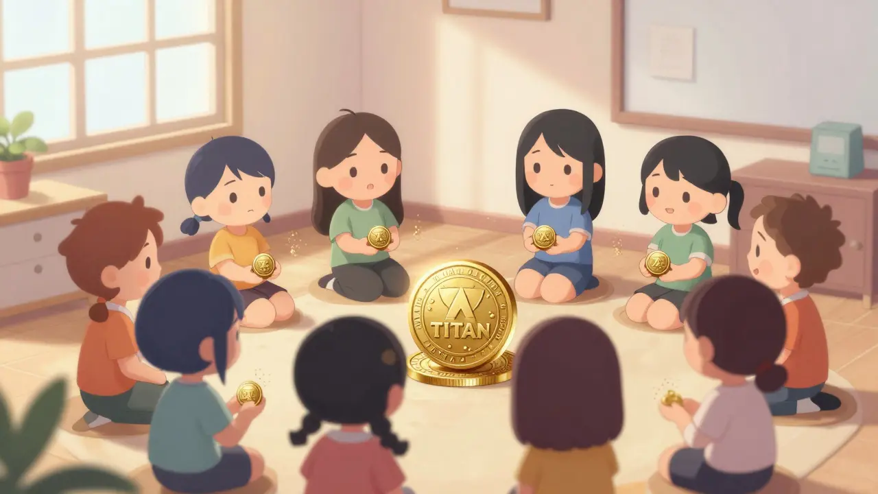 Cute anime characters holding tiny dust-like tokens in a quiet room