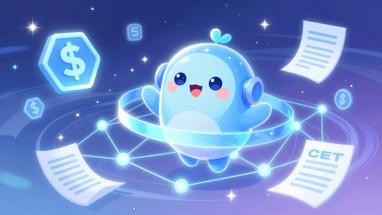 Cute anime mascot in a glowing blockchain network of light