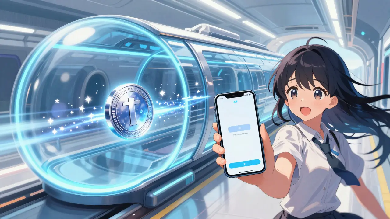Fast moving token in a futuristic hyperloop tunnel, shoujo style