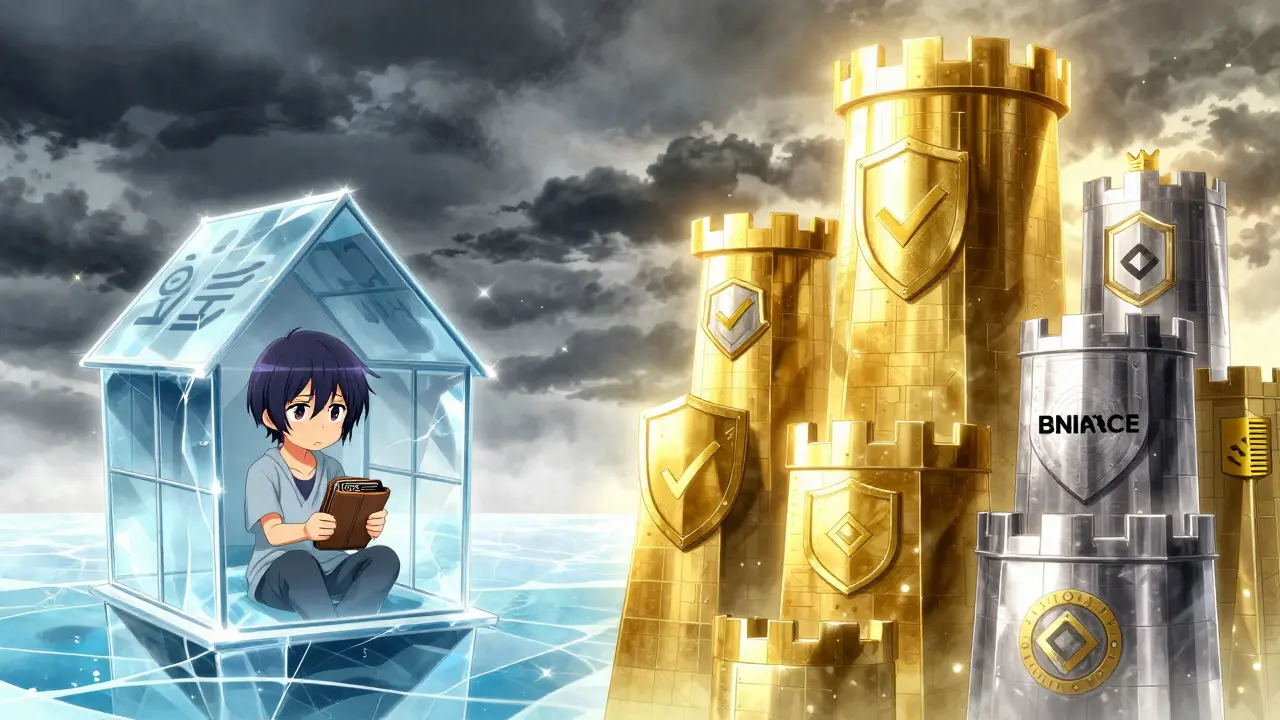Fragile glass house vs sturdy fortresses showing security comparison