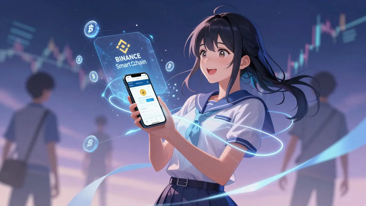 Girl connecting phone to blockchain network with light ribbons