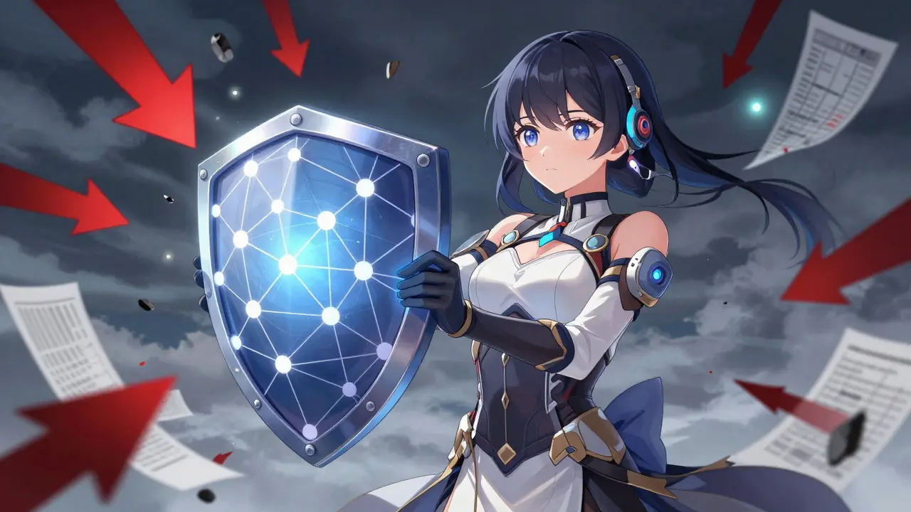 Girl shielding herself from market crash debris in shoujo style