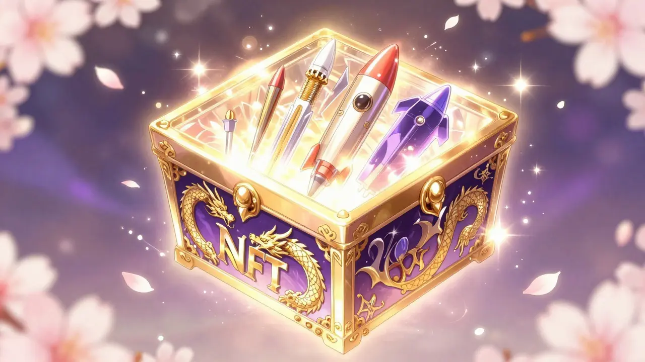 Glowing magical weapon box with dragon motifs in shoujo style