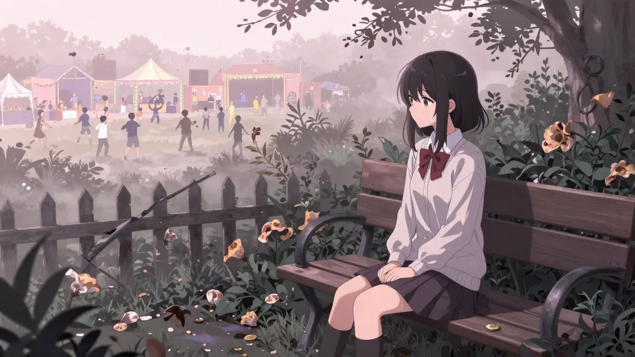 Lonely anime character in deserted garden vs lively festival