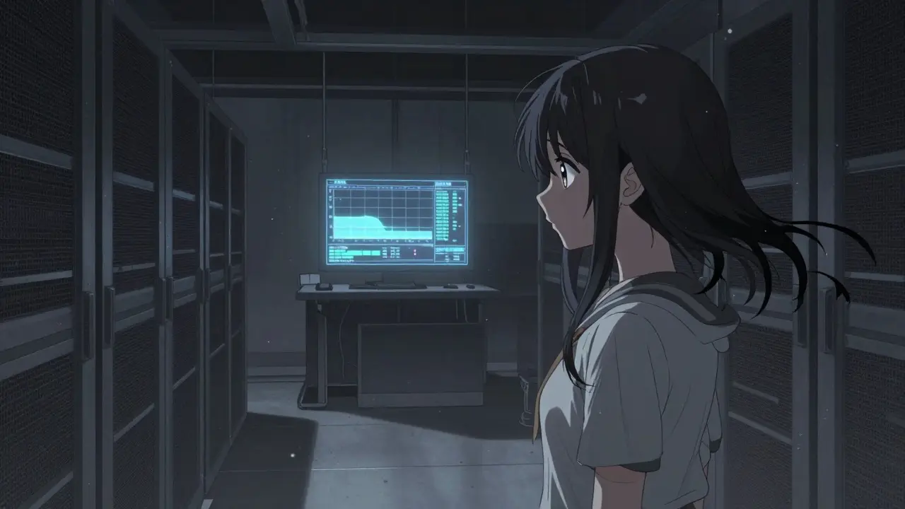 Lonely girl looking at dim screen in empty digital space, shoujo style