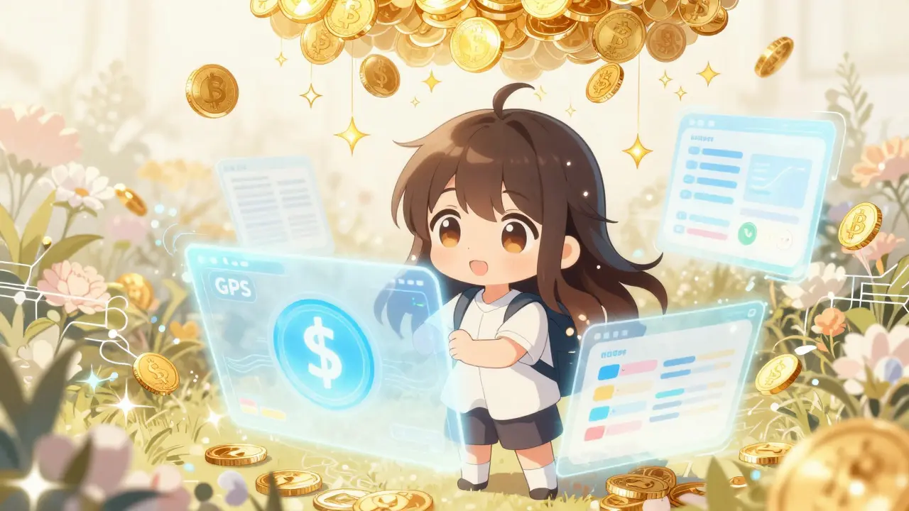 Magical crypto governance interface with floating tokens and rewards