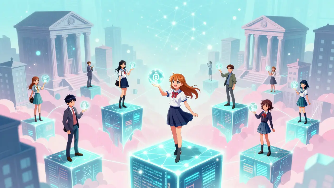 Magical digital landscape showing people freely exchanging crypto on blockchain nodes