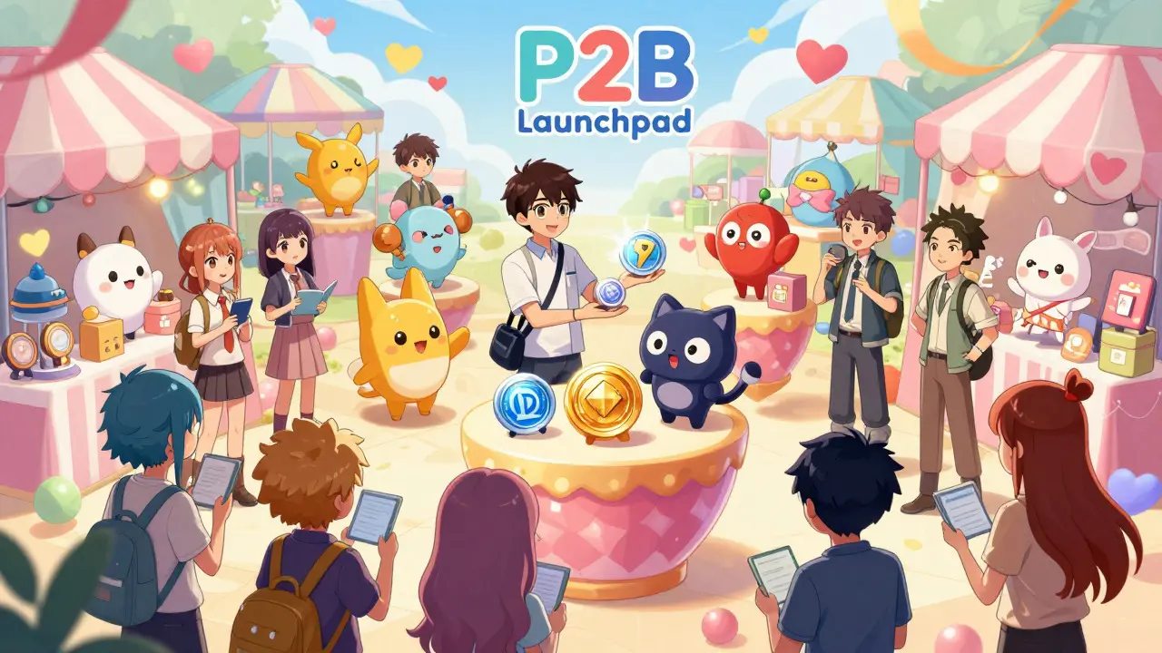 Magical marketplace with cute coin mascots, shoujo style