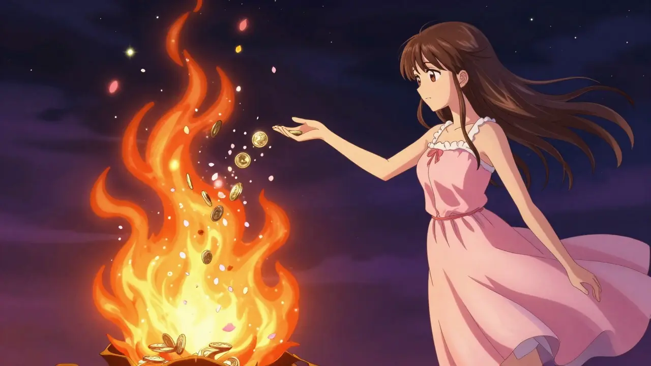 Manga art of tokens burning into cherry blossoms for scarcity