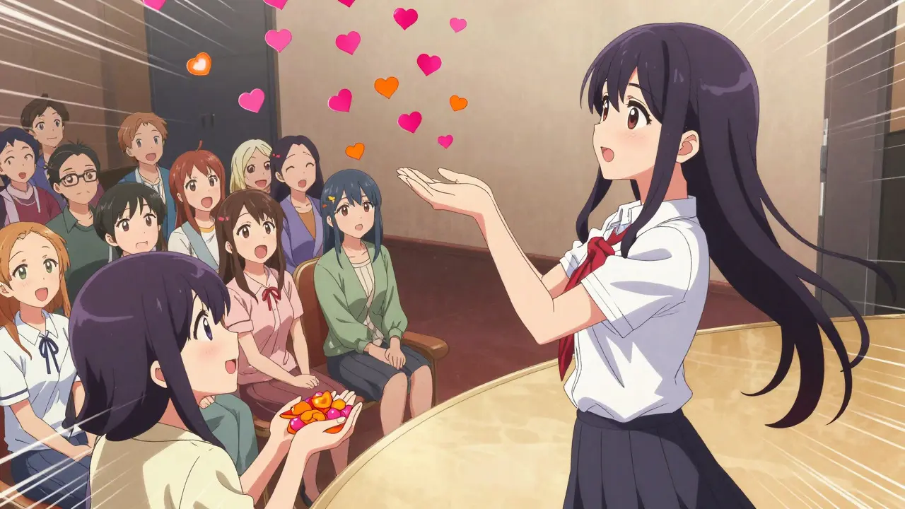 Manga artist releasing heart-shaped social tokens to an excited fan crowd.