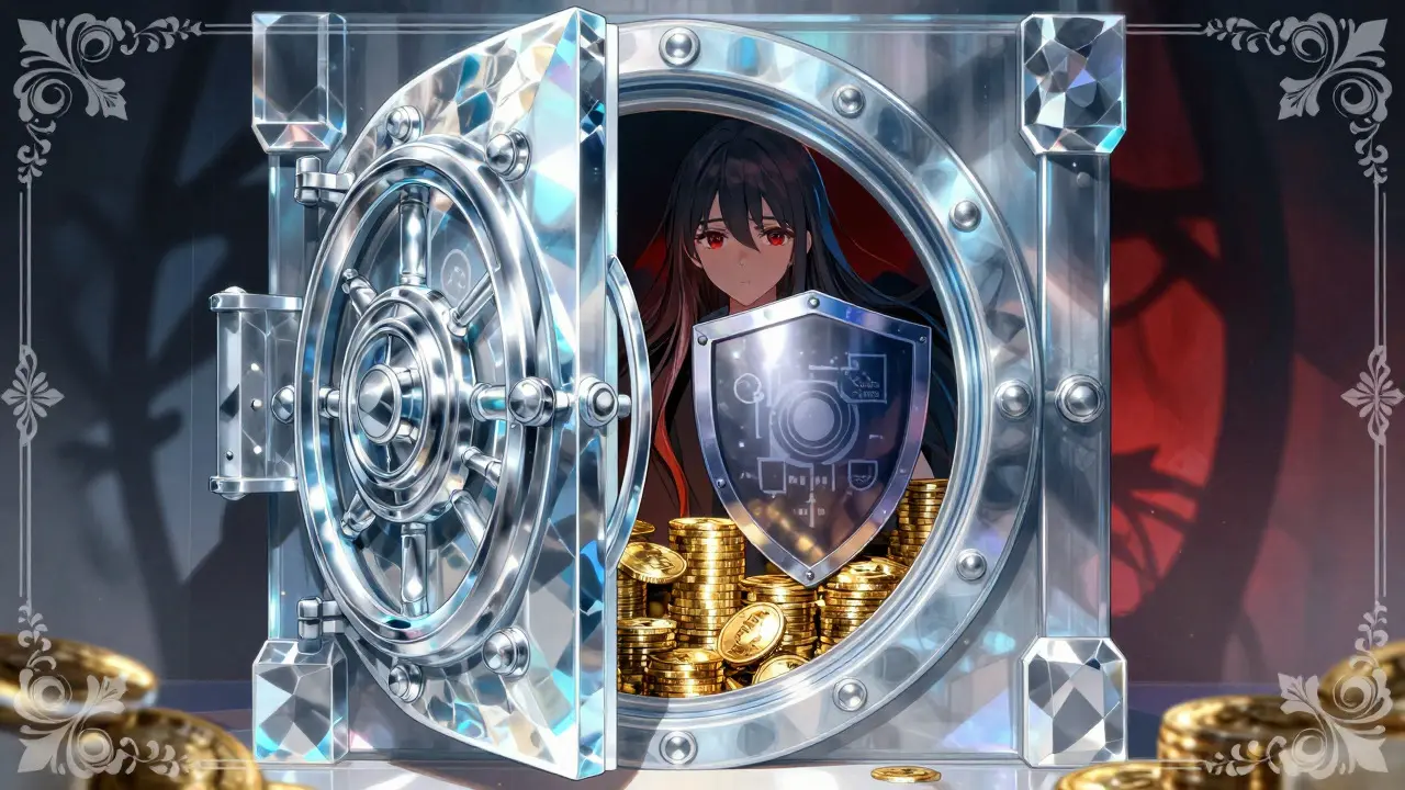 Manga character inspecting secure crypto vault, shoujo art