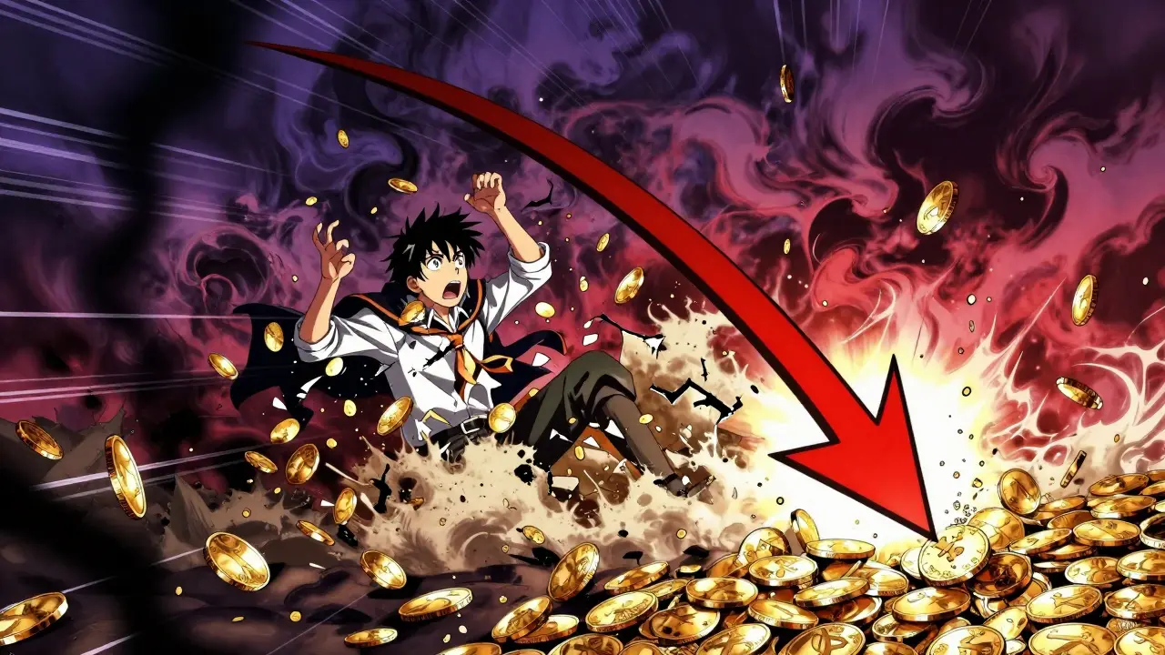 Manga character shocked as crypto coins shatter during market crash