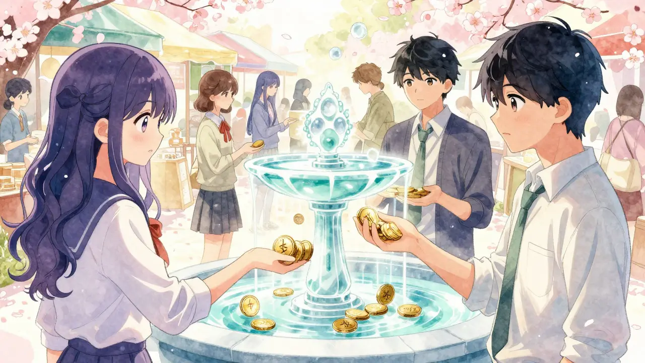 Manga characters depositing glowing coins into a transparent liquidity pool