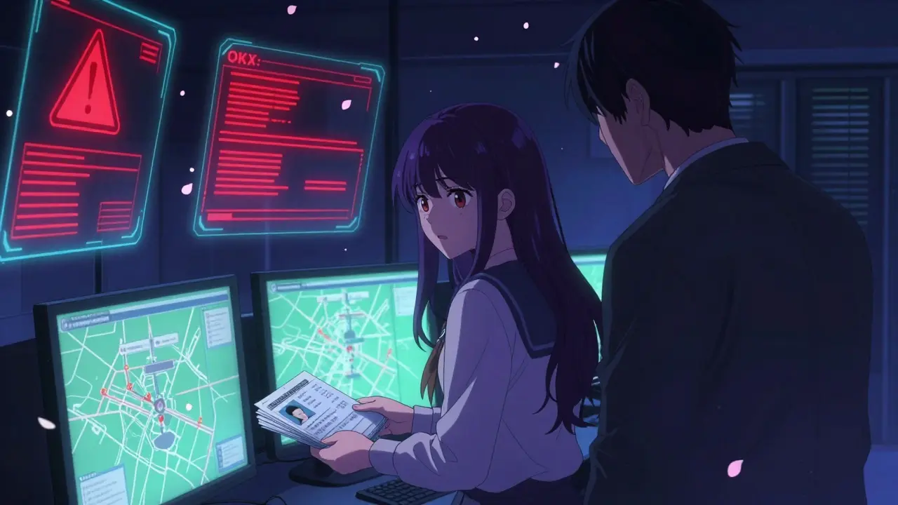 Manga characters exchanging fake IDs in a glowing server room