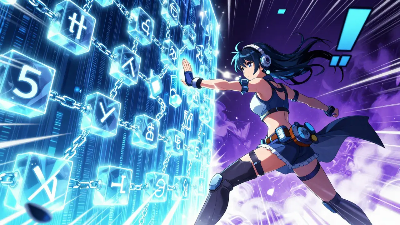 Manga miner pushing against a wall of glowing blockchain blocks, showing proof of work.