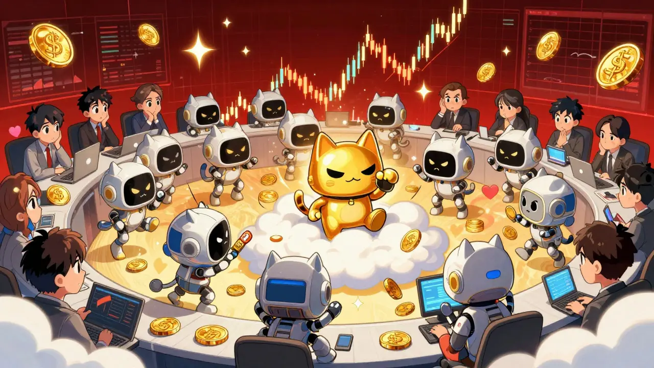 Manga robots manipulating stock prices while investors watch