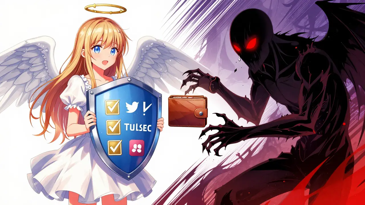 Manga scene contrasting an angelic legit crypto helper with a shadowy scammer demon.