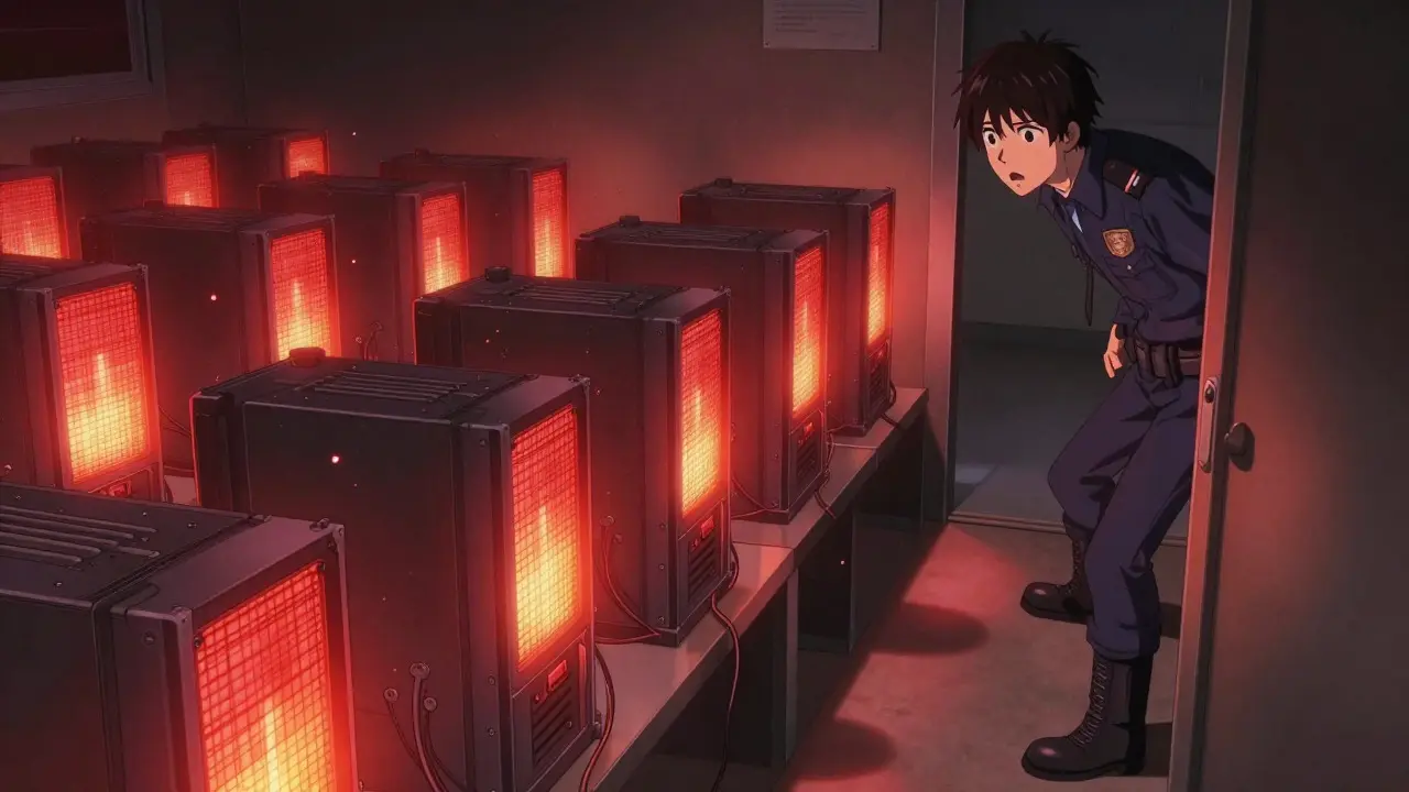 Manga style scene of police raiding a hidden crypto mining farm