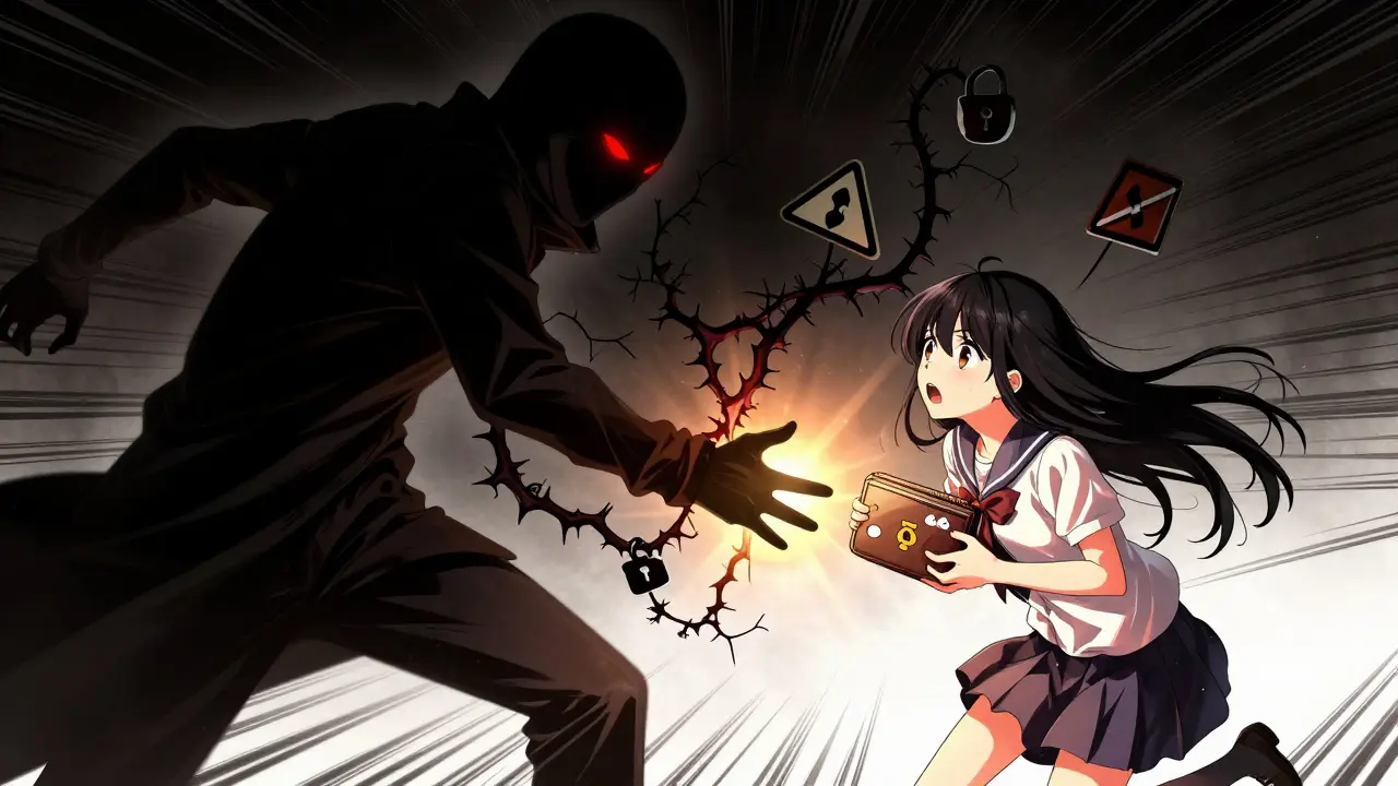 Shadowy scammer threatening an anime girl and her wallet in manga style