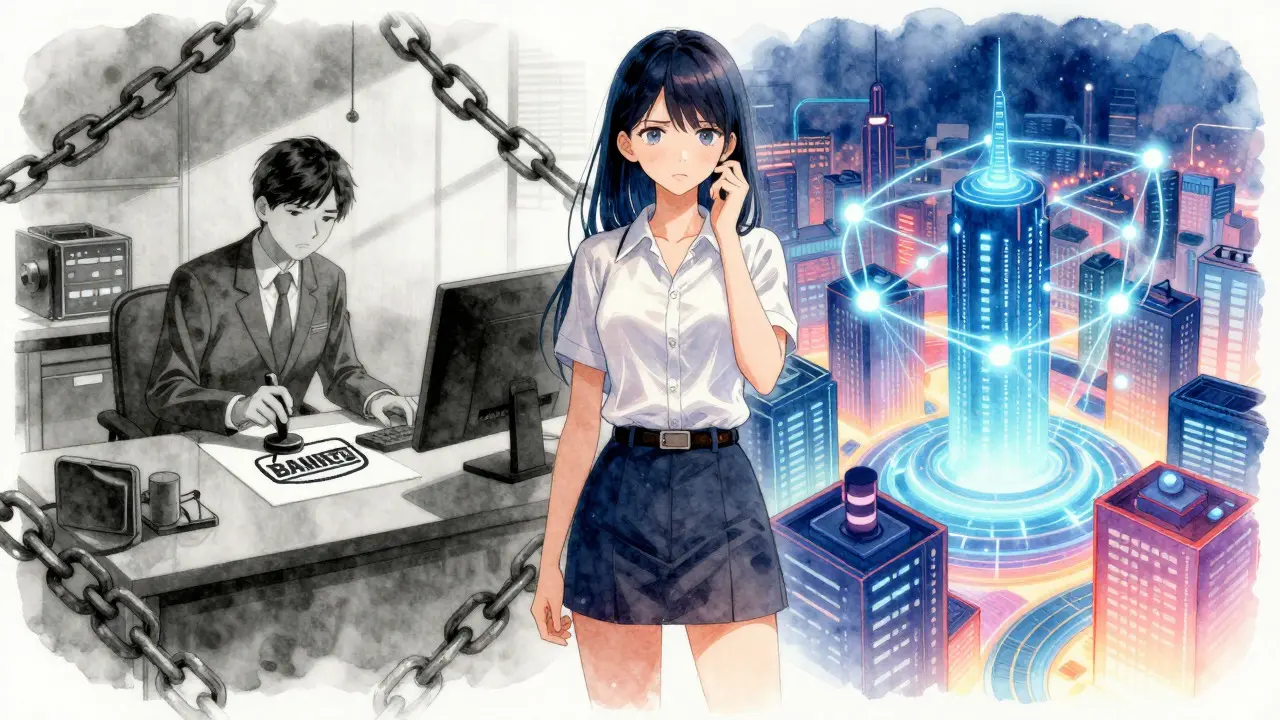 Shoujo art depicting Bangladesh's crypto ban vs blockchain tech