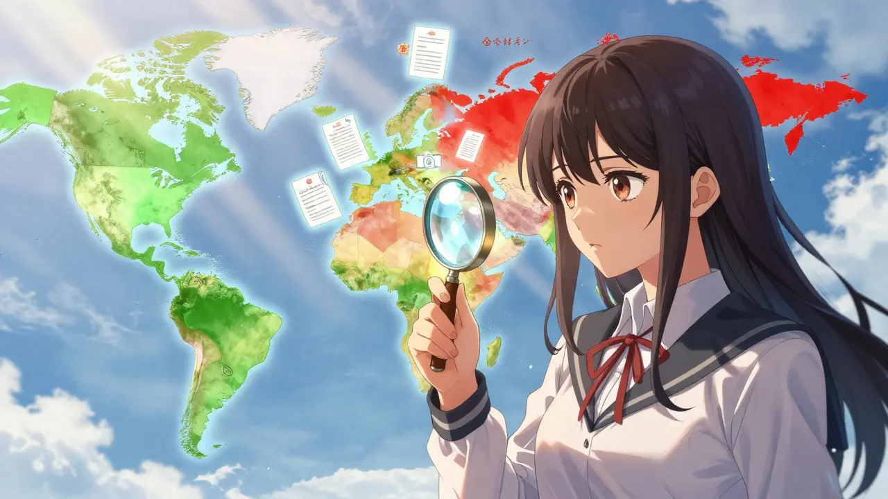 Shoujo girl checking global crypto restriction map
