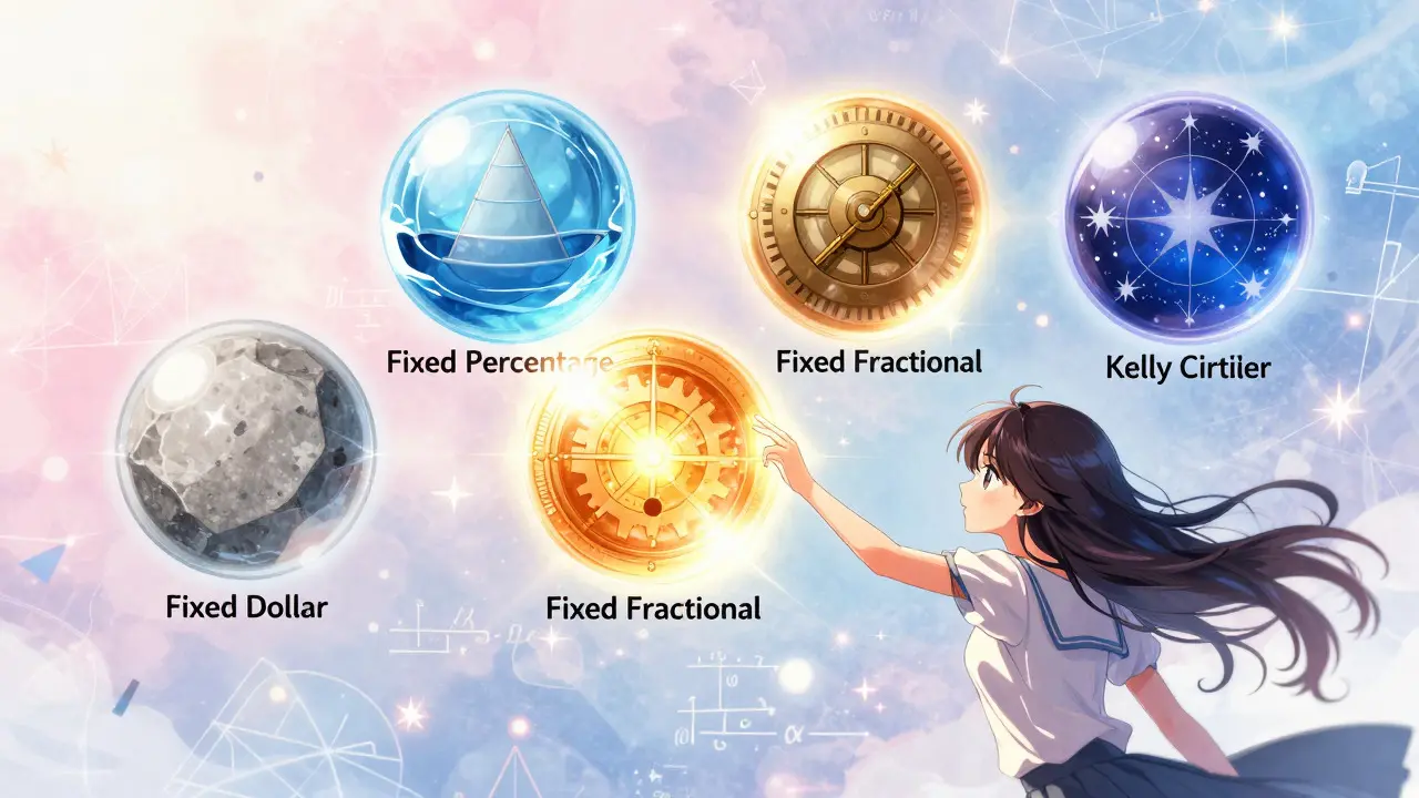 Shoujo manga depiction of four position sizing methods as magical glowing orbs.
