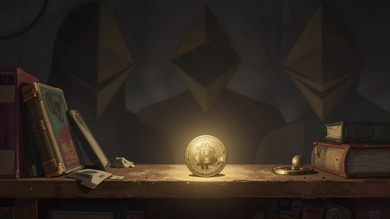 Small glowing PXC coin on a shelf vs giant crypto shadows