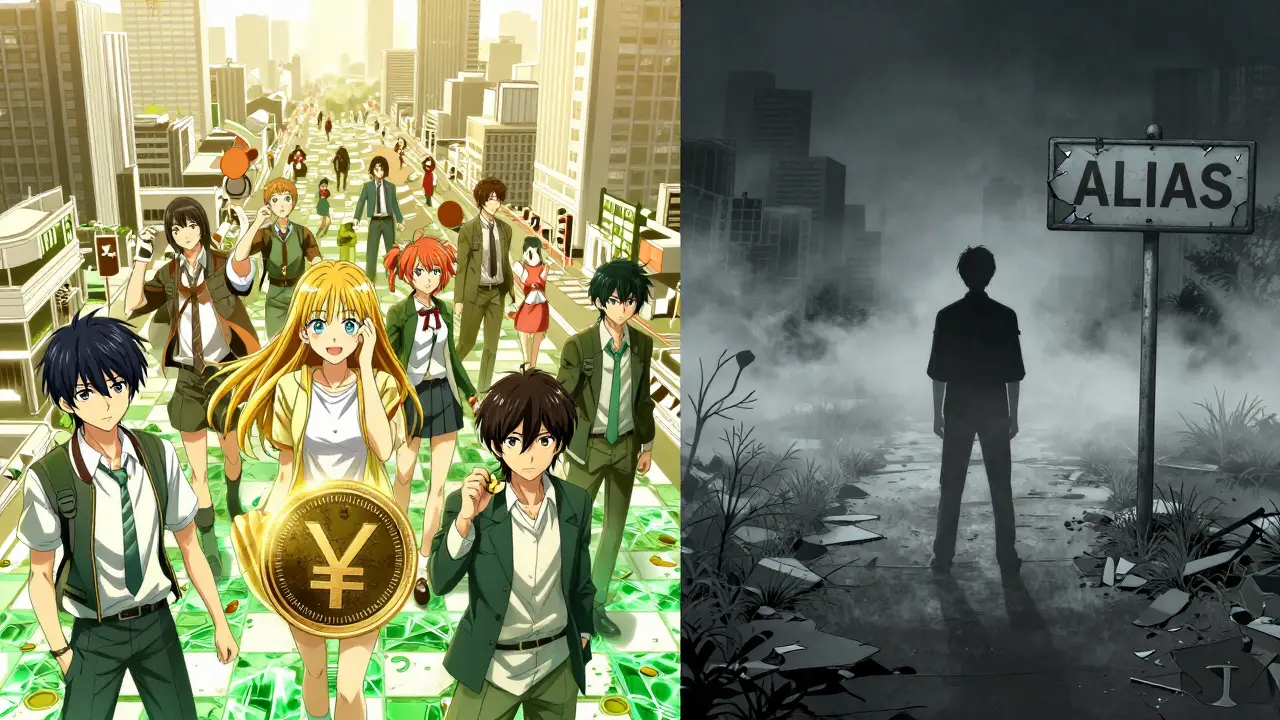 Split scene: vibrant crypto city vs abandoned path, shoujo manga