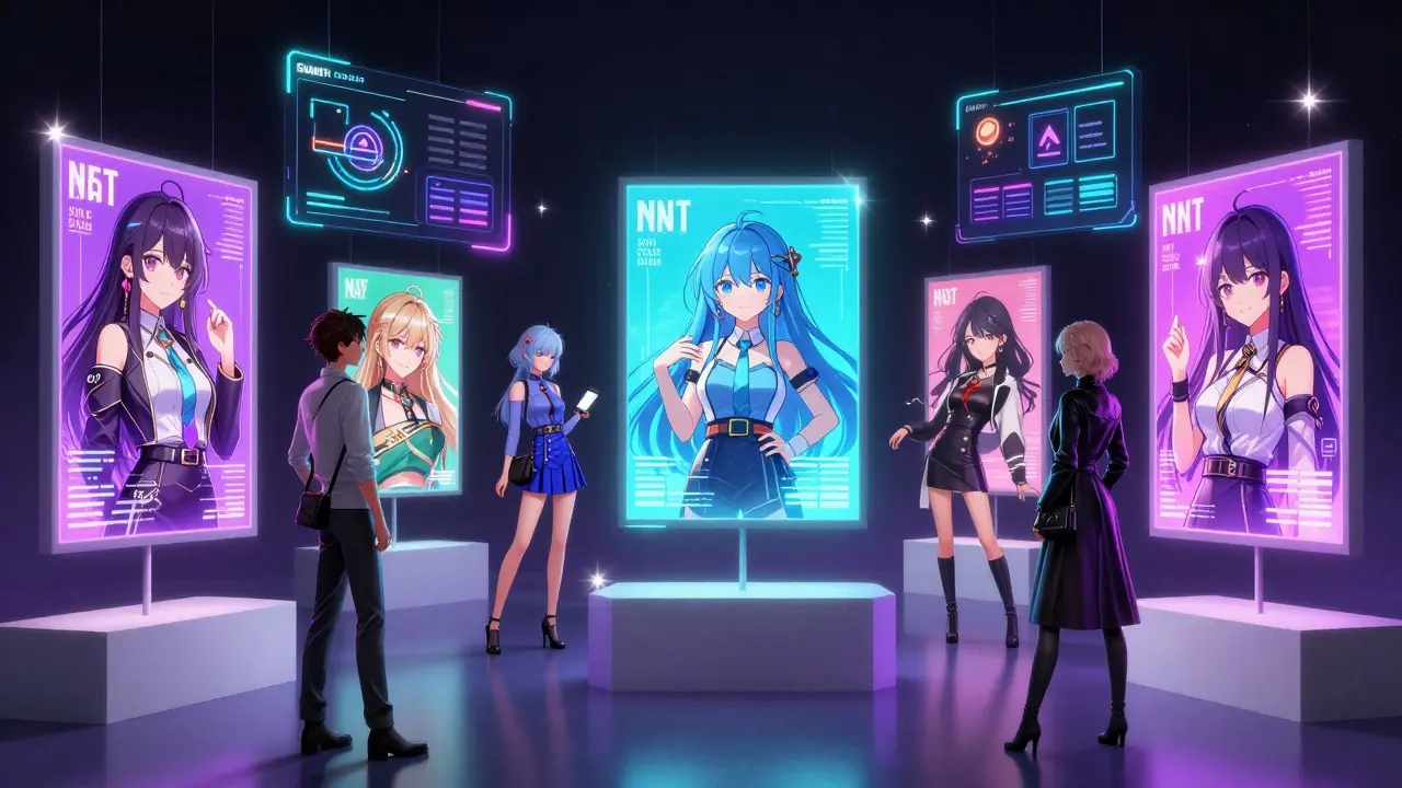 Stylish anime characters exploring a futuristic digital art gallery with floating NFTs.