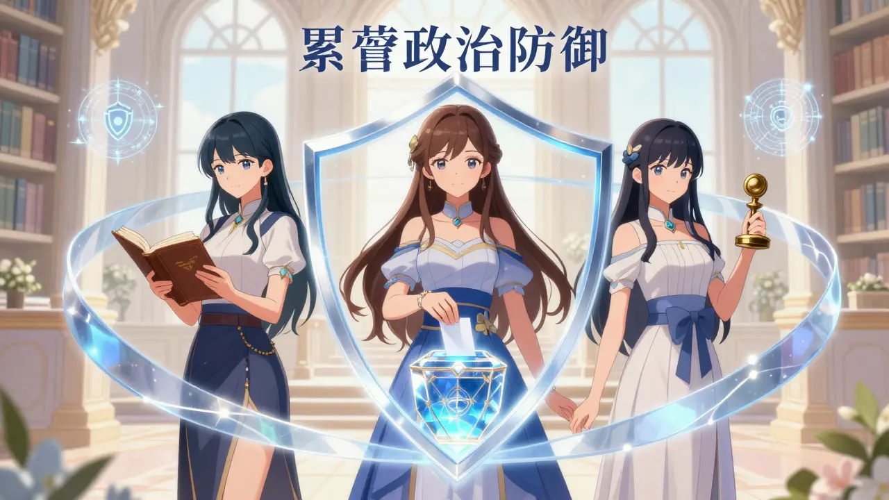 Three anime guardians forming a protective shield around a sacred treasury artifact.