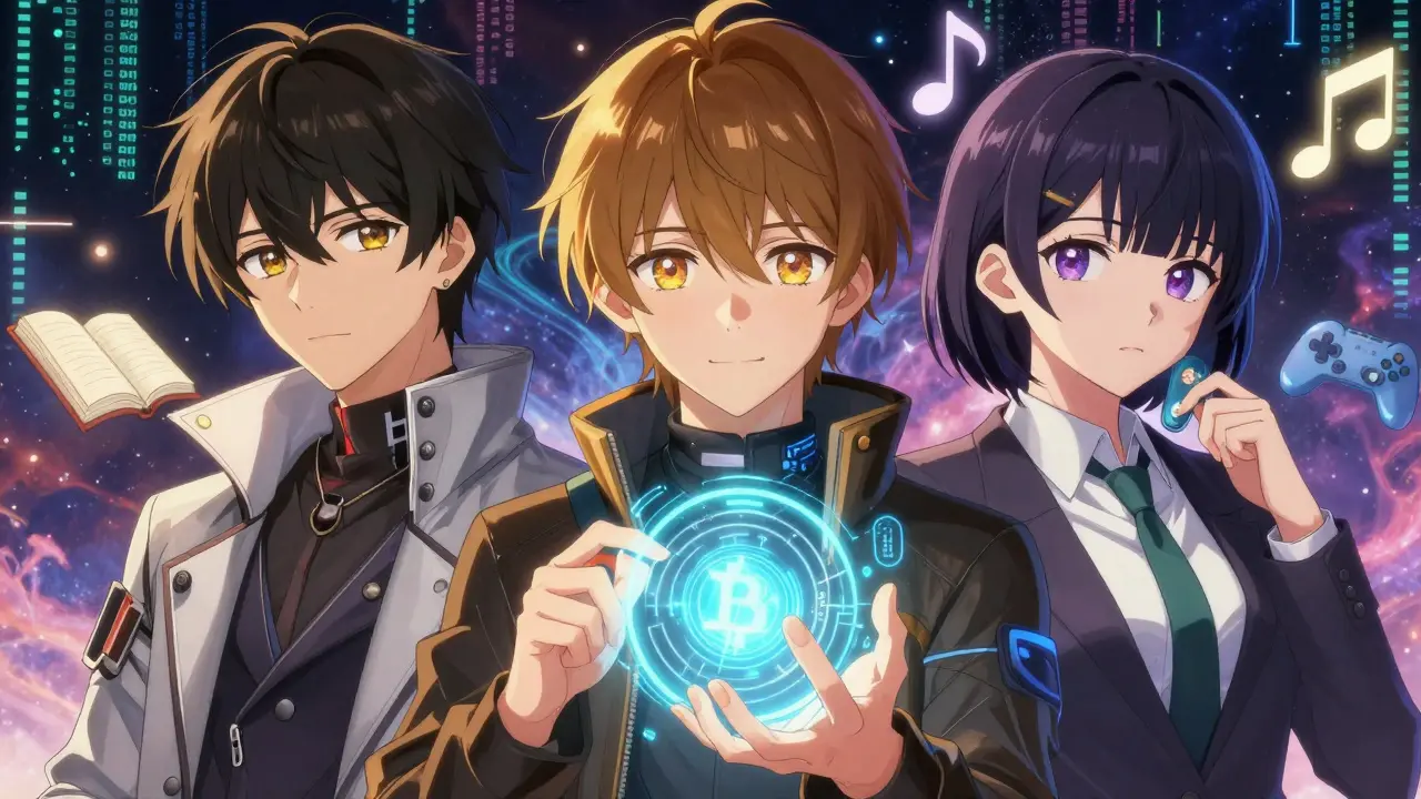 Three anime-style founders surrounded by digital symbols of art, music, and tech, representing the project's origins.