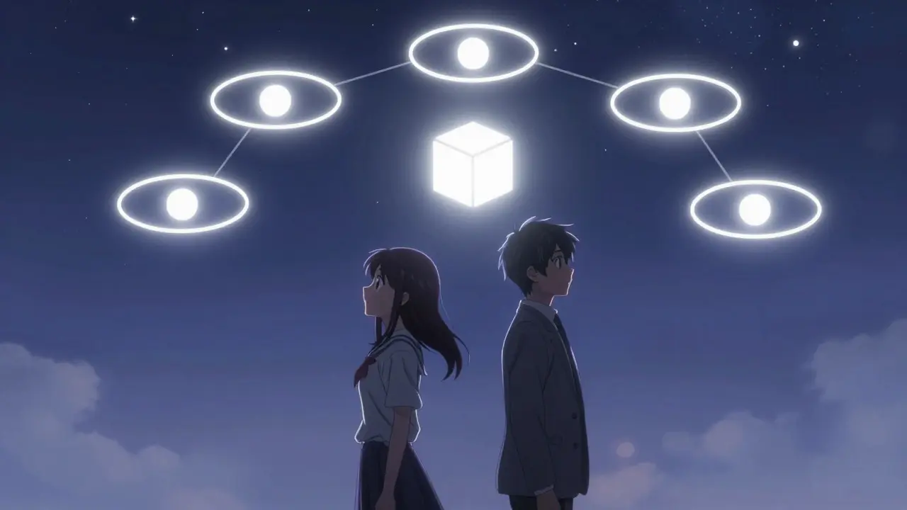 Two anime figures standing securely as six confirmation rings orbit a central light block.